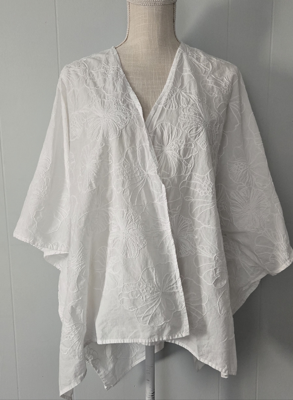 White Embroidered Open-Front Poncho Shrug
